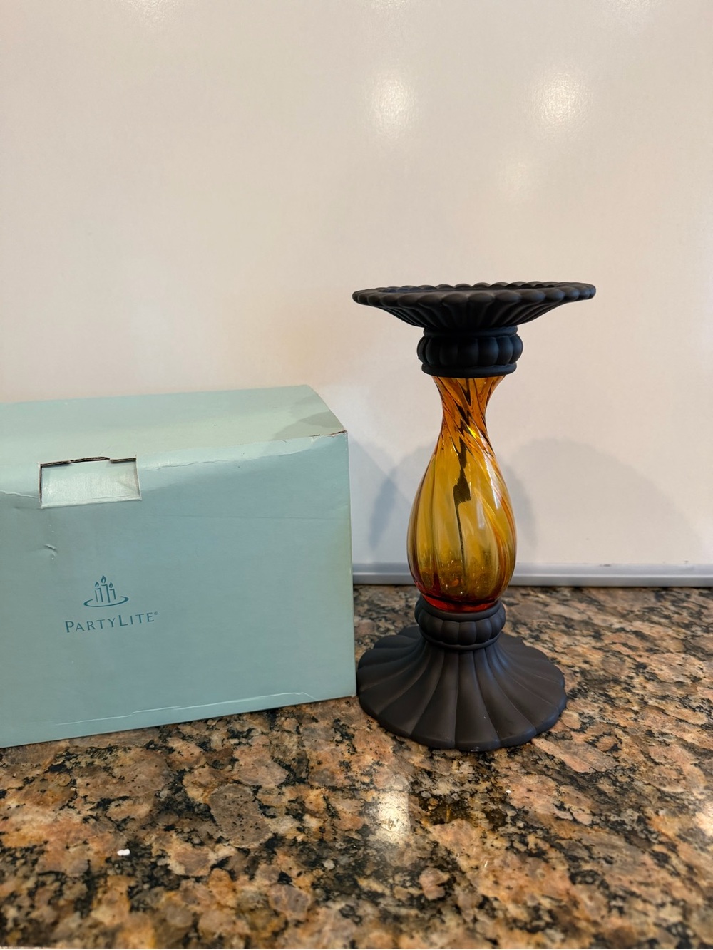 PartyLite Amber Glass Candle Stand with Matte Black Metal Base